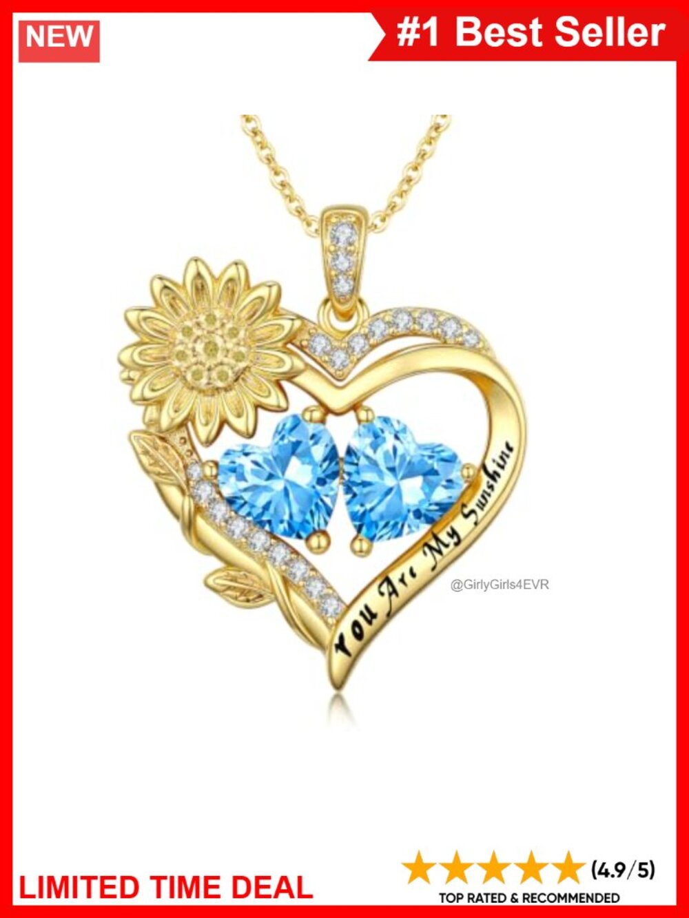 14K Gold Plated Heart Sunflower Birthstone Pendant Necklace